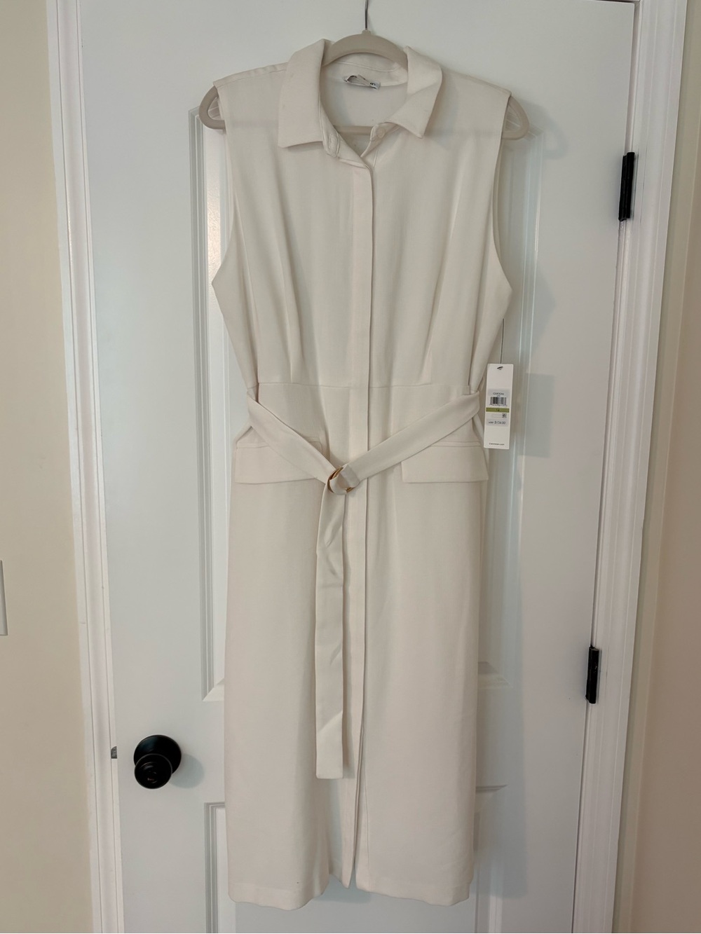 Calvin Klein Cream Sleeveless Belted Dress